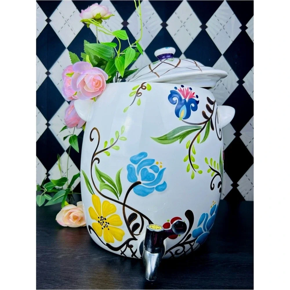 Oversized Floral Drink Dispenser 2 Gallon Ceramic Jardine‎ Drink Server & Lid
